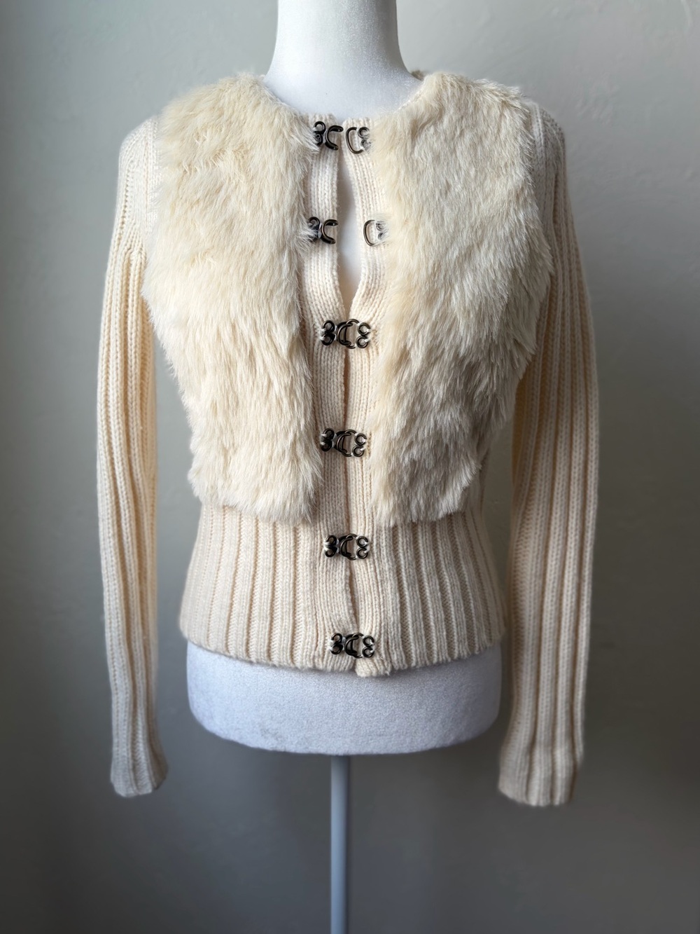 VTG Y2K LOFT Faux Fur Wool Blend Ribbed Cardigan Ivory XS